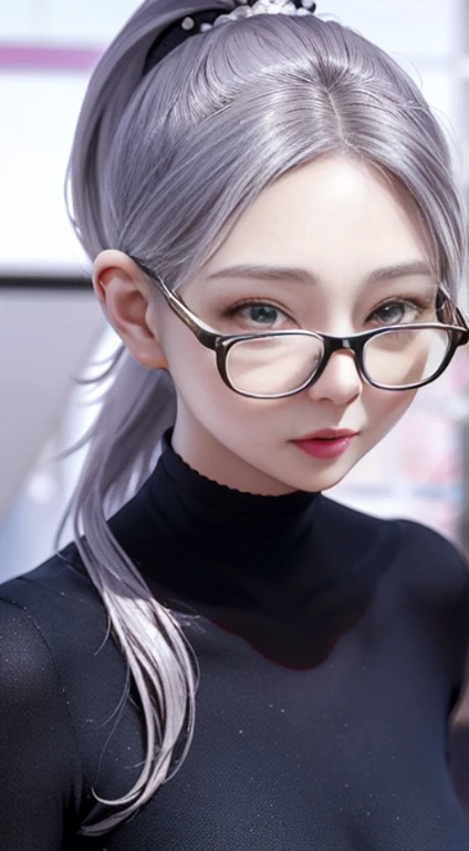 a close up of a woman with glasses and a dress, artwork in the style of guweiz, guweiz, with glasses, realistic anime 3 d style, anime girl with long hair, kawaii realistic portrait, realistic young anime girl, style anime, realistic anime artstyle, beautiful anime portrait, ulzzang, realistic anime art style, silver hair (ponytail)