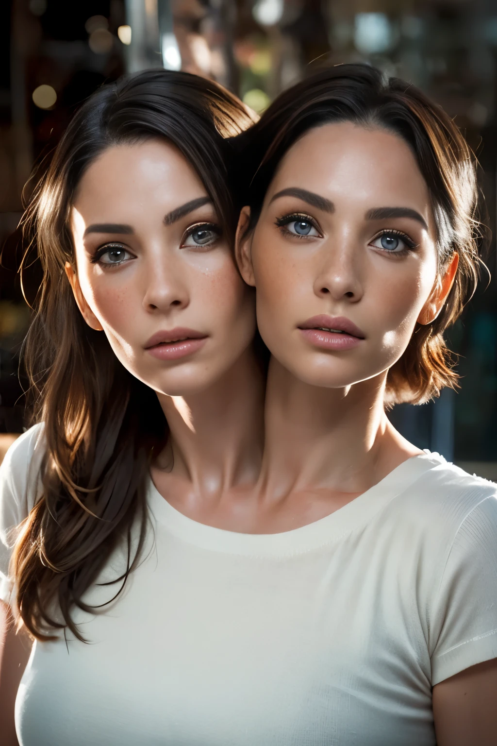 Create a deeply realistic upper body portrait of a woman, ((2heads)), conjoined dicephalus,embracing imperfections in her skin and hair. Zoom in to showcase intricate details like visible pores, subtle blemishes, and scattered freckles, scars. Capture the complexity of her eyes with well-defined irises, conveying depth and emotion. Depict a natural, imperfect texture in her hair, emphasizing flyaways and individual strands. Pay careful attention to the interplay of light and shadow, adding a three-dimensional quality to the portrait. This upper body composition should evoke a sense of genuine beauty in imperfection, striking a balance between realism and artistry, crows feet,45 years old , some wrinkles