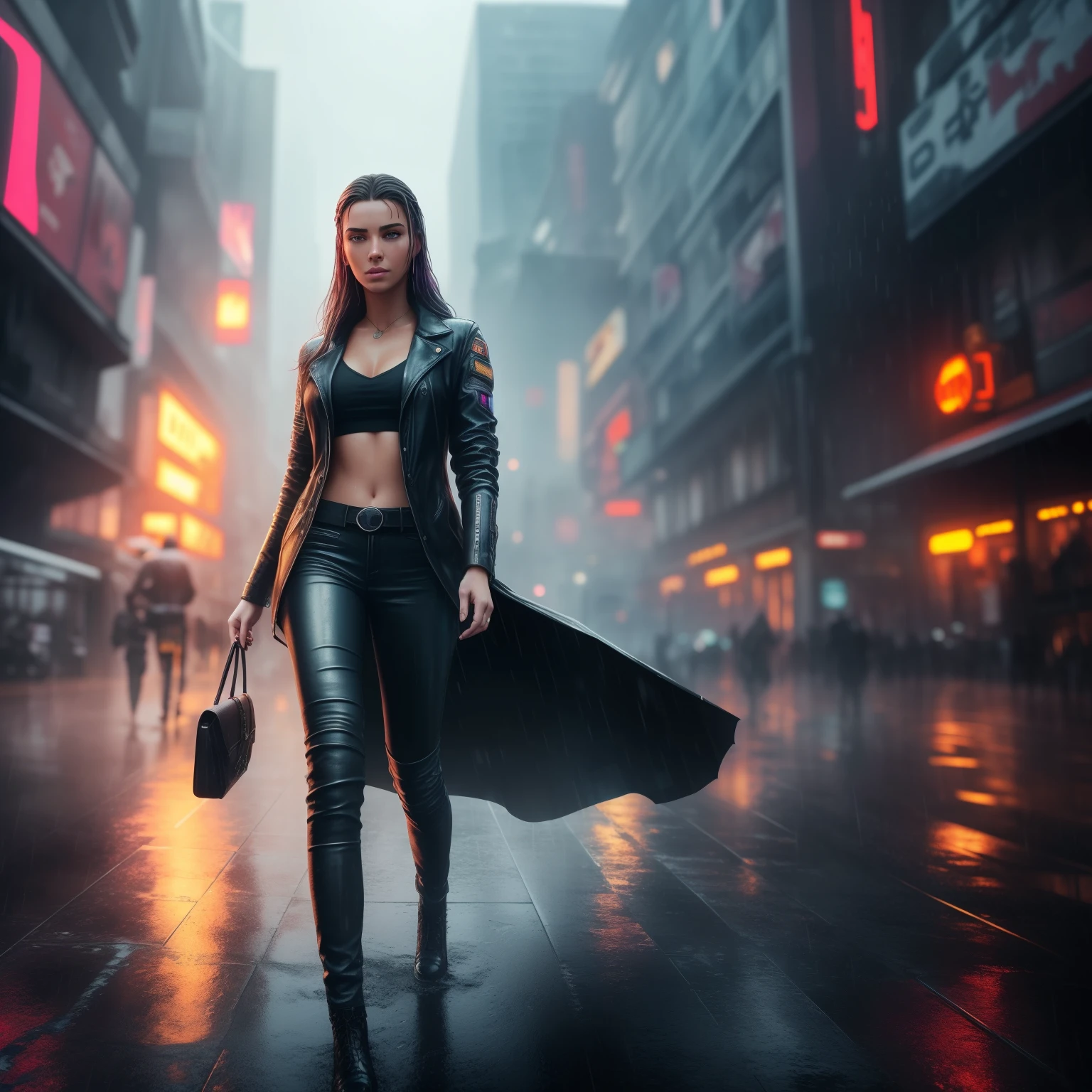 Create a breathtaking masterpiece with stunning effects, brunette european babe, usando colar de bitcoin, wet, (cyberpunk:1.1), rain, epic realistic, rutkowski, hdr, intricate details, hyperdetailed, cinematic, rim light, muted colorsde