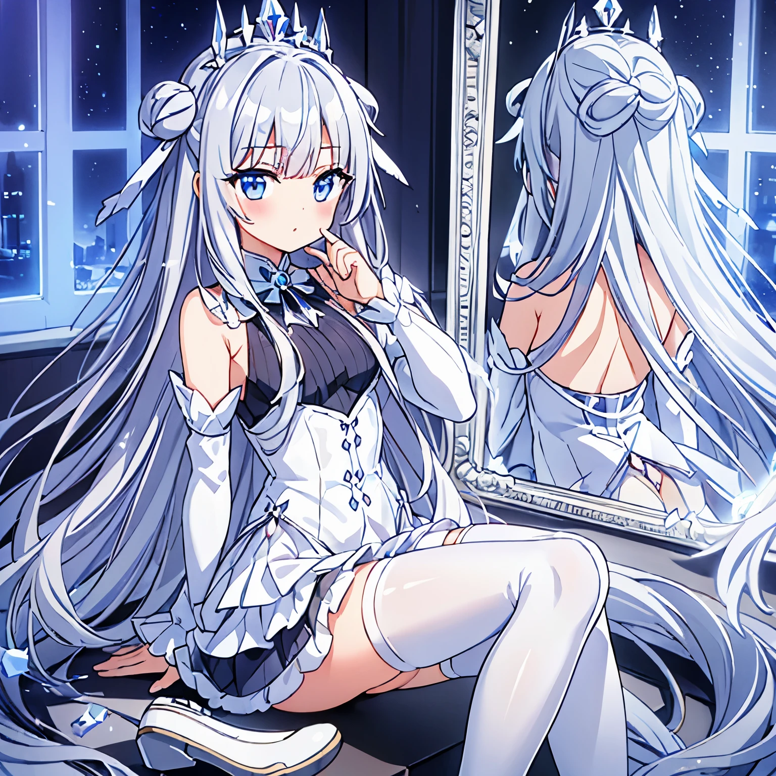 girl,silver long hair,crystal crown,tights,Silver white stockings,glass slippers,破碎Mirror背景,Crystal Shard,Glass shards,Mirror,silver knee socks