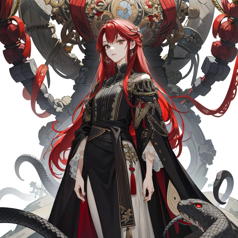 (masterpiece: 1.4, best quality) +, Ultra-detailed:
This official art piece is a true masterpiece, meticulously crafted with the best quality in mind. The ultra-detailed rendering showcases every intricate line and texture, making it a sight to behold. With its beautiful, high resolution, the art transports you into a world of exquisite detail and stunning visuals.
The subject of the painting stands whole body, drawing while standing against a white background. Her red straight hair cascades down to her waist, framing her gloomy eyes that seem lost in thought. A small black snake coils around her ankle, adding an
