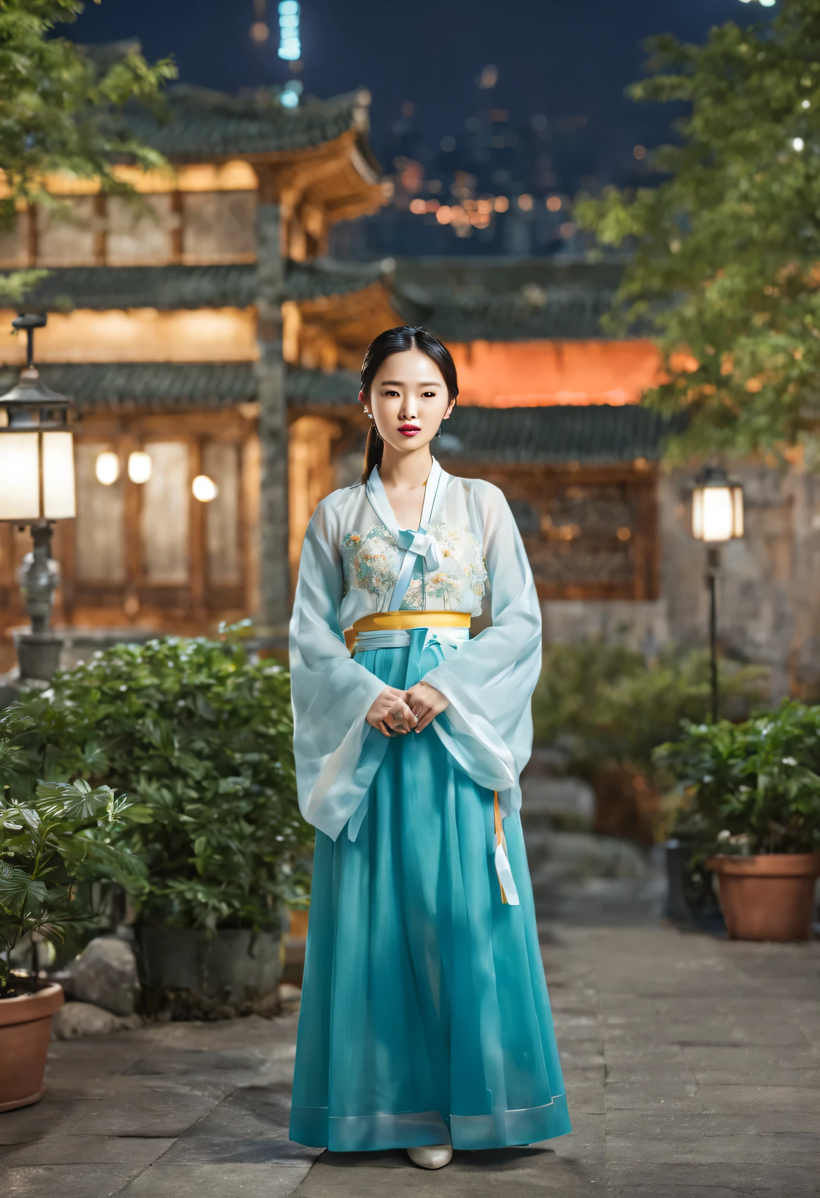 Picture a 20-something model walking gracefully through a stylish city restaurant or exotic cityscape.. Models must wear Hanbok elegantly., The background should feature the colorful night lights of the city..