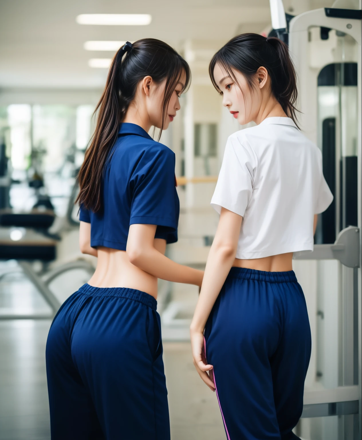 2 girls in fitness center, Navy blue short-sleeved shirt,Navy Long Trackpant,Sweatpants, Sweatpantsขายาว,25 year old girl, lesbian, sexy, exercise clothes, wet body, exercise clothes, from behind, focus ass