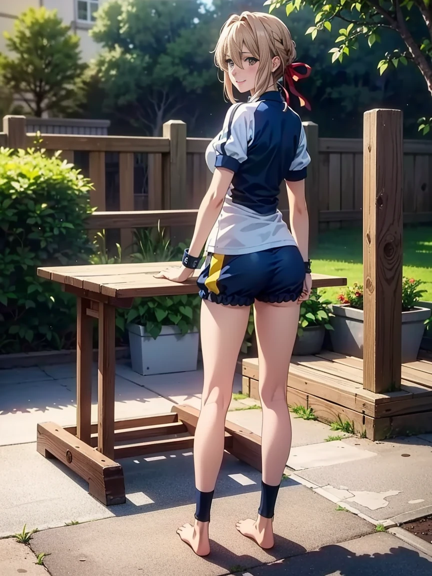((table top, highest quality, High resolution, nffsw, perfect pixel, 4K, nffsw, nffsw))), violet evergarden,table top, highest quality, blonde hair, blue eyes, hair between eyes, looking at the viewer, full body shot、ribbon、1 girl, single, alone, Beautiful woman、I could see the whole body、 ((beautiful bronze hair)), ((brown eyes, beautiful eyelashes, realistic eyes)), ((detailed face, blush:1.2)), ((smooth texture:0.75, realistic texture:0.65, realistic:1.1, Anime CG style)), medium breasts, ((full body shot))、Looking back from the back、 perfect body, 紺bloomers、紺bloomers、 (White short-sleeved gym clothes with navy blue cuffs)、(紺色のハイレグbloomers)、((紺bloomers))、bloomers、(barefoot)、dark blue socks、sports boots、big smile、playground
