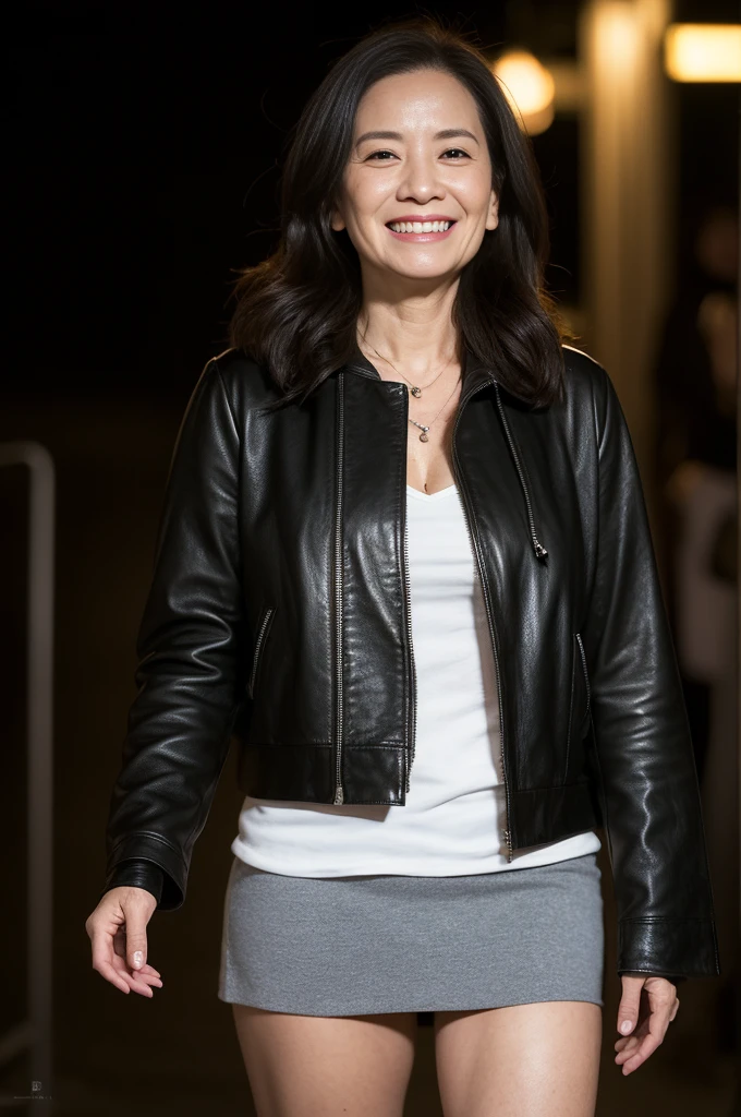 masterpiece, best quality, 16K, city, old woman, glad, smiling, standing, making a heart with fingers, looking back, looking away, long hair, wave hair, black hair, eyes open, (large breasts:1.28), (wrinkles corners eyes:1.38), (nasolabial:1.38), (old skin:1.38), wrinkles skin, freckled skin, pale skin, (old muscles:1.2), slender, (leather jacket), (hoodie), (mini skirt), piercing, necklace, freckles, old, middle-aged, japanese, outside, in the city, at night, nsfw, full body shot, from behind