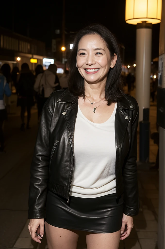 masterpiece, best quality, 16K, city, old woman, glad, smiling, standing, making a heart with fingers, looking back, looking away, long hair, wave hair, black hair, eyes open, (large breasts:1.28), (wrinkles corners eyes:1.38), (nasolabial:1.38), (old skin:1.38), wrinkles skin, freckled skin, pale skin, (old muscles:1.2), slender, (leather jacket), (hoodie), (mini skirt), piercing, necklace, freckles, old, middle-aged, japanese, outside, in the city, at night, nsfw, full body shot, from behind