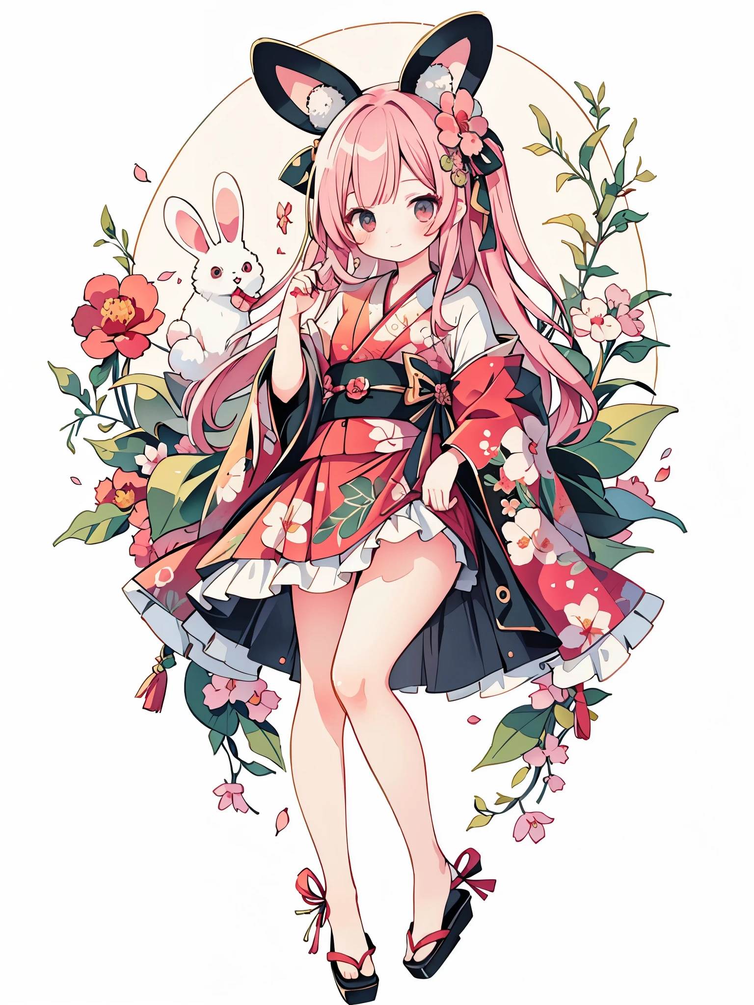 digital art, masterpiece, 最high quality, super detailed, high quality, 4K, cute girl, sit, Rabbit, kimono one piece, Camellia,