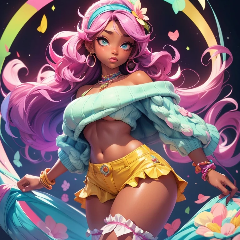 african goddess jiggly fat round belly voluptuous body, heterochromia eyes, really curly hair, dark skin, (nude), big boobasterpiece), best quality, extremely detailed, (watercolor), bloom, delicate and beautiful, illustration, (from below),(1girl:1.4), (solo:1.2), large breasts, ((topless)) , frills, ribbons, floral embroidery, neon rainbow stockings and long gloves, cute neon rainbow panties with embroidery, choker, wearing a neon rainbow garter belt, ripped costume, (short shorts:1.2), bare shoulders, (underboob:1.2), ((dark skin:0.8)), beautiful eyes, (disheveled hair ), photography, over-the-shoulder shot, by Alex Maleev, professional, canon camera, nikon camera, sharp, bokeh, studio quality, fisheye lens, by Robert Capa ,