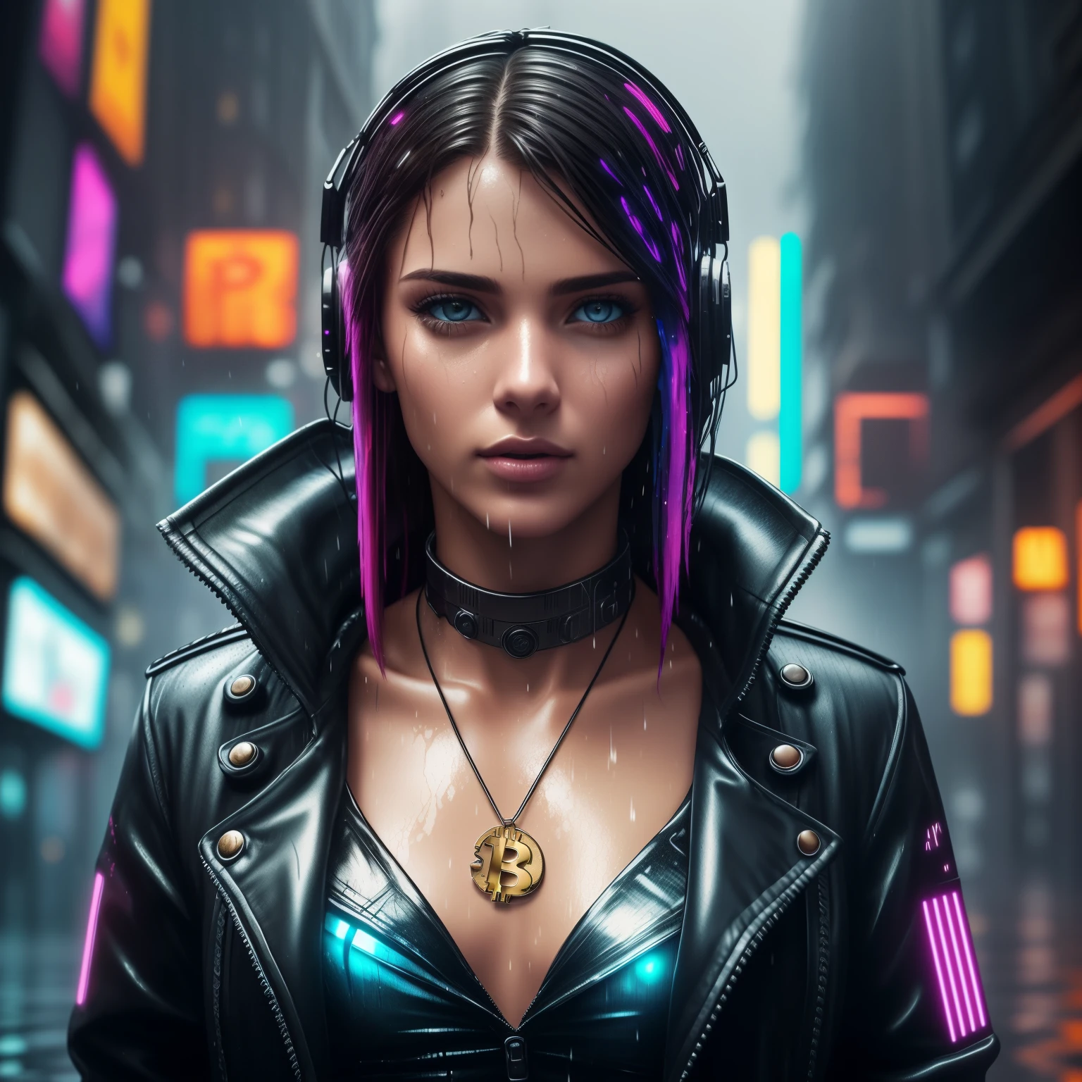 Create a breathtaking masterpiece with stunning effects, brunette european babe, usando colar de bitcoin, wet, (cyberpunk:1.1), rain, epic realistic, rutkowski, hdr, intricate details, hyperdetailed, cinematic, rim light, muted colorsde
