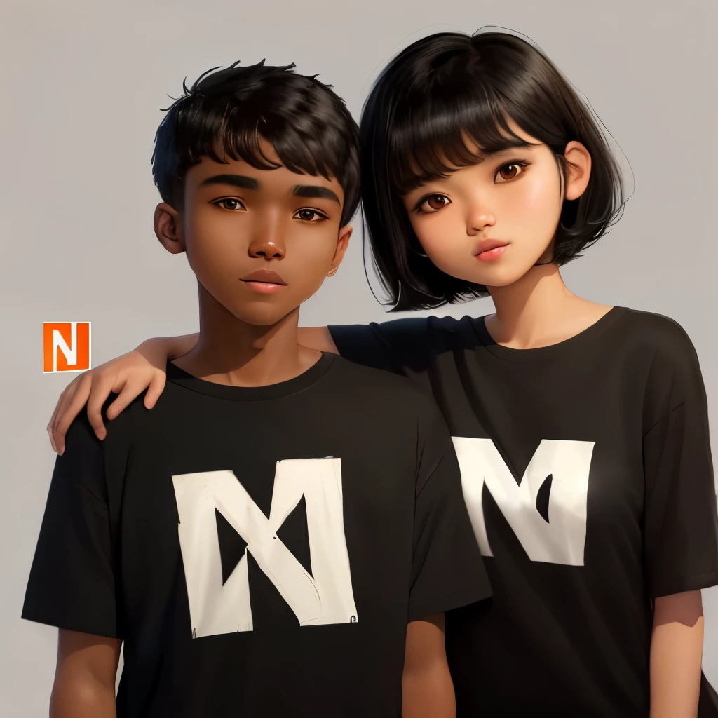 brown-skinned face with the letter "N" written on his shirt,
short, black-haired brown girl with the letter "M" drawn on her shirt, chib style.