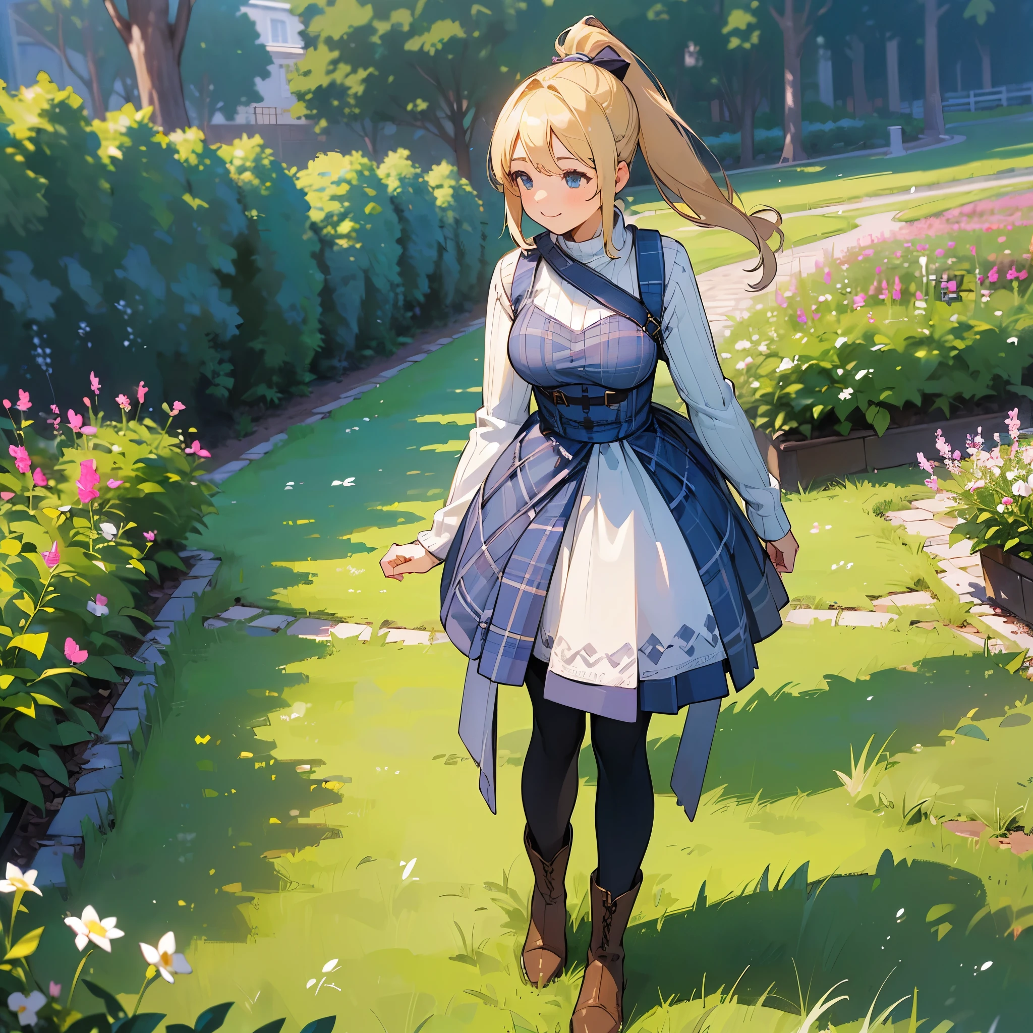 (high quality, high resolution, Super detailed, Reality:1.37), peaceful atmosphere, (outdoor, garden), Teenage girl standing alone, (My breasts are big.), Beautiful detailed features, cute smile, (Blonde ponytail), ribbed sweater, blue plaid skirt, Black tights, brown boots.