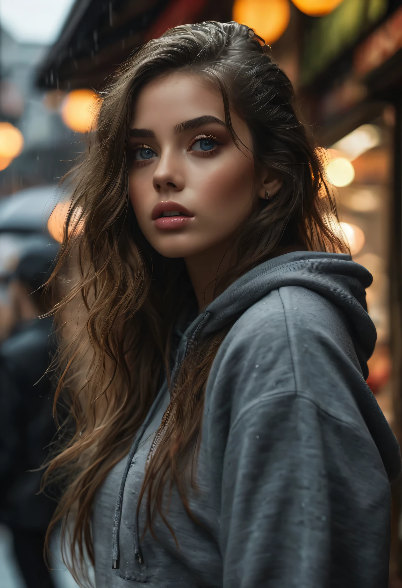 rainy day,(best quality,4k,8k,highres,masterpiece:1.2),ultra-detailed,(realistic,photorealistic,photo-realistic:1.37),fashion model,beautiful detailed eyes,beautiful detailed lips,extremely detailed eyes and face,long eyelashes, mid dark brown long hair flowing in the wind,model body,Mikayla Demaiter body,perfect details,top tank and hoodie, mini skirt,confident expression,vibrant colors,artistic lighting,color palette,subtle shadows ,soft and natural lighting,reflective surfaces,refined atmosphere,dynamic composition,graceful movement,attention to small details,masterpiece,aesthetic plating,rich textures,textures,(big breast),Grand Bazaar,
