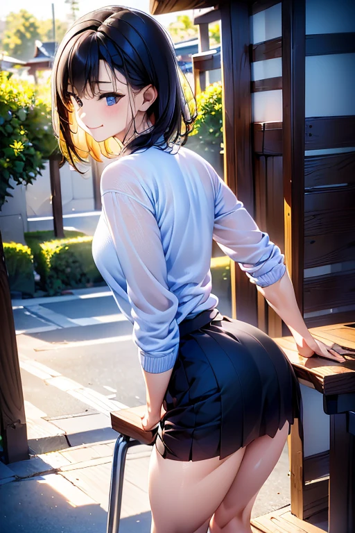 highest quality, 超High resolution, (realistic:1.4),Sunset light, ponytail, japanese woman, detailed pictures, smile, sexy, black shirt, Face-to-face camera, close (masterpiece: 1.3), (8K, realistic, highest quality: 1.4), (1 girl), beautiful face, (realistic anime face), (black hair, short hair: 1.3), beautiful hairstyle, realistic eyes, beautiful detailed eyes, (realistic skin), beautiful skin, (sweater), absurd, Charm, 超High resolution, surreal, High resolution, golden ratio,Transparent skirt,Pointing your butt towards the viewer