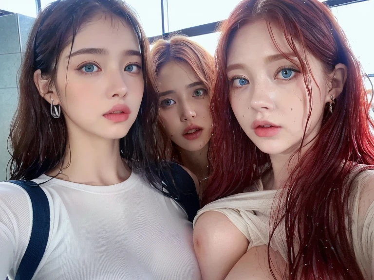 4 miniature Beautiful handsome woman, ((top quality, 8k, masterpiece:1.retty woman, 1woman, huge breasts:1.3, slender figure:1.1, elastic red long hair, (shower, wet body, wet clothes:1.1), very detailed face, detailed lips, detailed eyes, double eyelids, detailed blue eyes, extremely detailed outstanding blue eyes, red wet hair, red wet hair, detailed outstanding BLUE EYES, innocent stare at the viewer, extremely wet wavy red hair, detailed outstanding BLUE EYES, raining outside, huge earrings