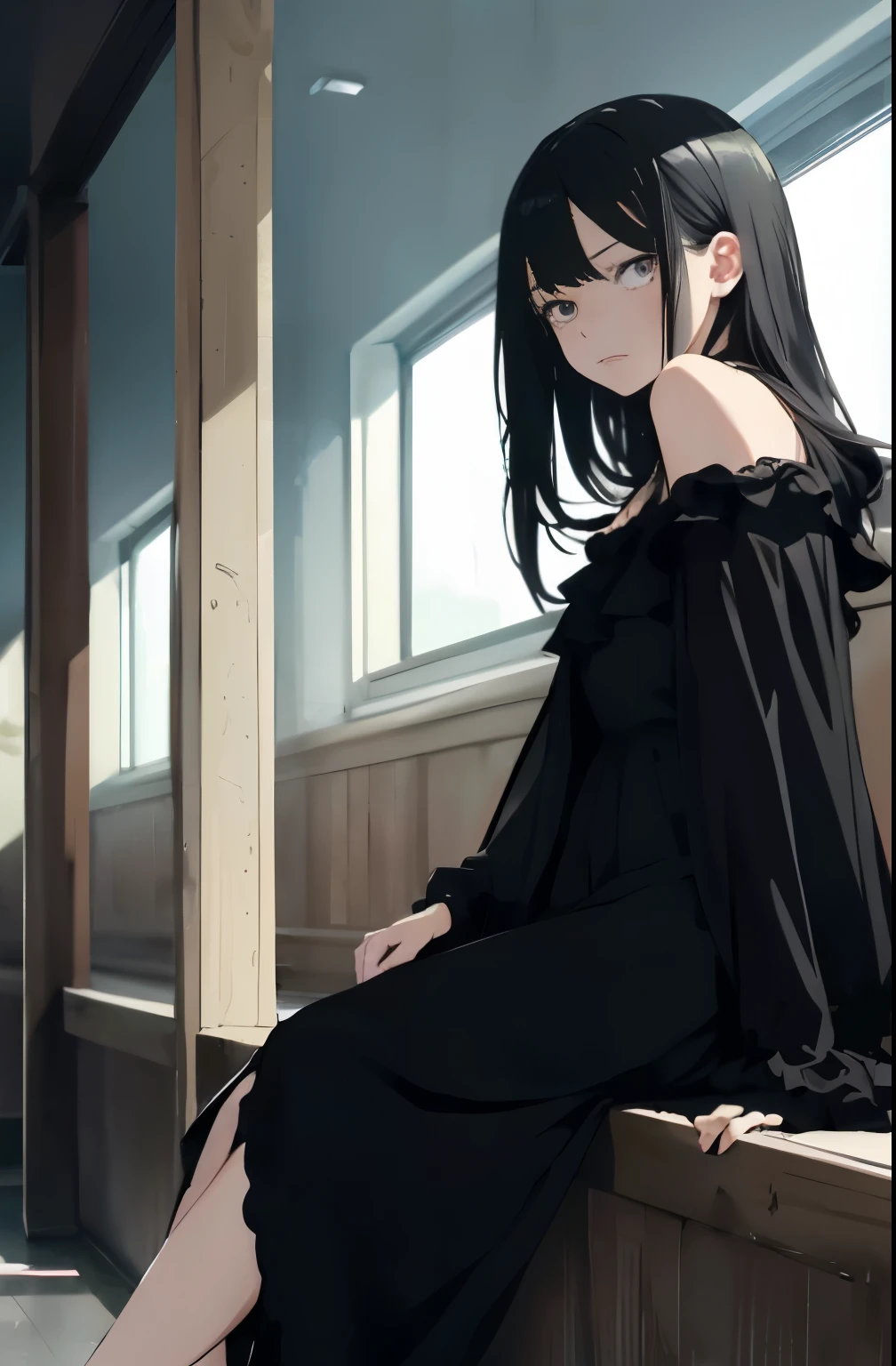 ((highest quality)), ((masterpiece)), (get used to it), perfect face girl dark room one piece tears angry Dissatisfied face black hair Look down a little The whole body is reflected Beautiful woman black clothes Shoulders are protruding long shot sitting