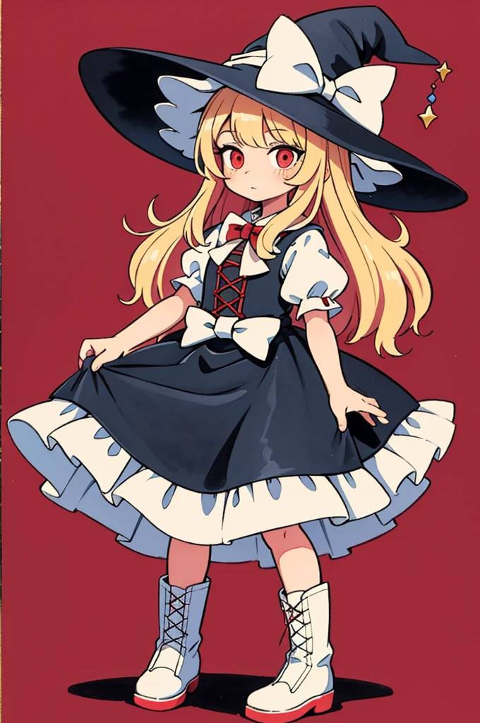 best quality,masterpiece,traditional media, marker_\(medium\),painting_\(medium\),watercolor_\(medium\),simple_background,1girl,witch,solo, full body,long hair, blonde hair, witch hat,red eyes,puffy sleeves,white_bow,dress,red_footwear,bow, short sleeves,boots,