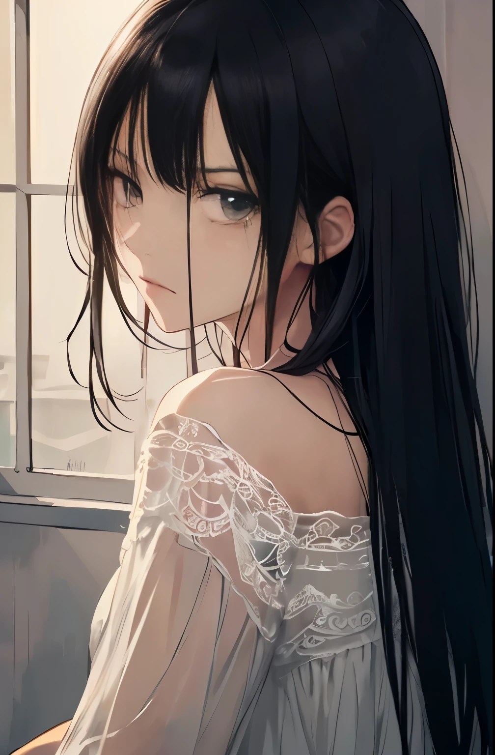 ((highest quality)), ((masterpiece)), (get used to it), perfect face is sad Are crying girl dark room one piece anxious face angry Dissatisfied face black hair Look down a little sitting The whole body is reflected Beautiful woman