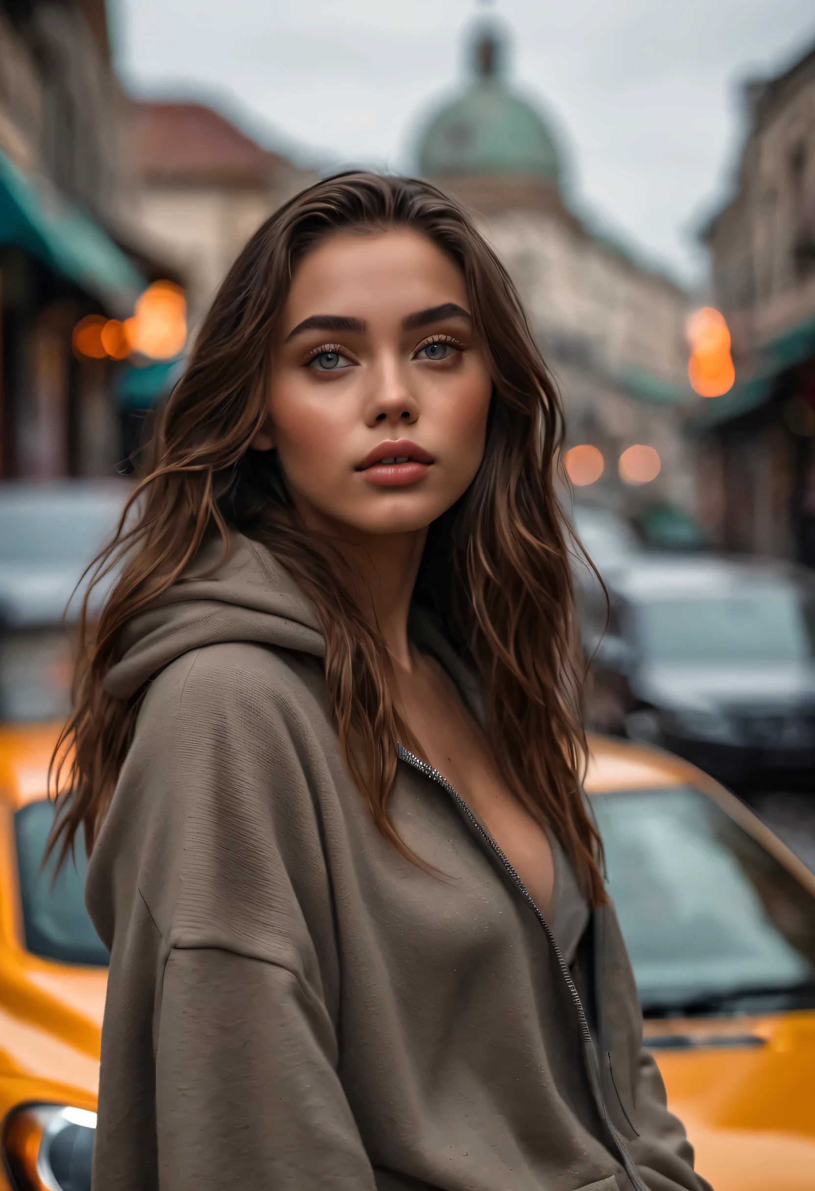 rainy day,(best quality,4k,8k,highres,masterpiece:1.2),ultra-detailed,(realistic,photorealistic,photo-realistic:1.37),fashion model,beautiful detailed eyes,beautiful detailed lips,extremely detailed eyes and face,long eyelashes, mid dark brown long hair flowing in the wind,model body,Mikayla Demaiter body,perfect details,top tank and hoodie, mini skirt,confident expression,vibrant colors,artistic lighting,color palette,subtle shadows ,soft and natural lighting,reflective surfaces,refined atmosphere,dynamic composition,graceful movement,attention to small details,masterpiece,aesthetic plating,rich textures,textures,(big breast),Grand Bazaar,
