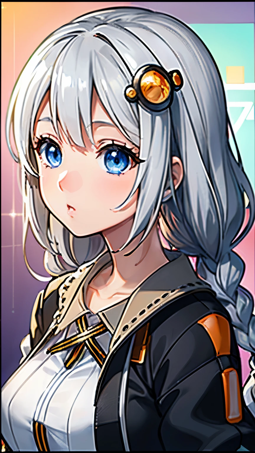 Vivid colors, ultra-realistic shading, ultra-detailed, spectacular view, beautiful transparency, ultra-high quality, extended, ((layer added 2.7)), vivid, ultra-bright colors 1.5, (high-definition CG unity 8k wallpaper: 1.3 ), beautiful ultra-sensitive art concept illustration, center color: 1.2 , nsfw, (logic frenzy), [ultra-detailed skin], glossy light, lens flare 1.7, (backlight 0.9), Extremely close-up, slight bokeh , 1 girl, 1, k((((Akari Kizuna), (VOCALOID 1.2), (silver hair 1.2), (very long hair), (big braids 1.8), (round hair ornament), (blue eyes ), (eyeline 1.2)))), wearing a hat (cap), big black jacket, beautiful big eyes, sparkling eyes, asking a question
