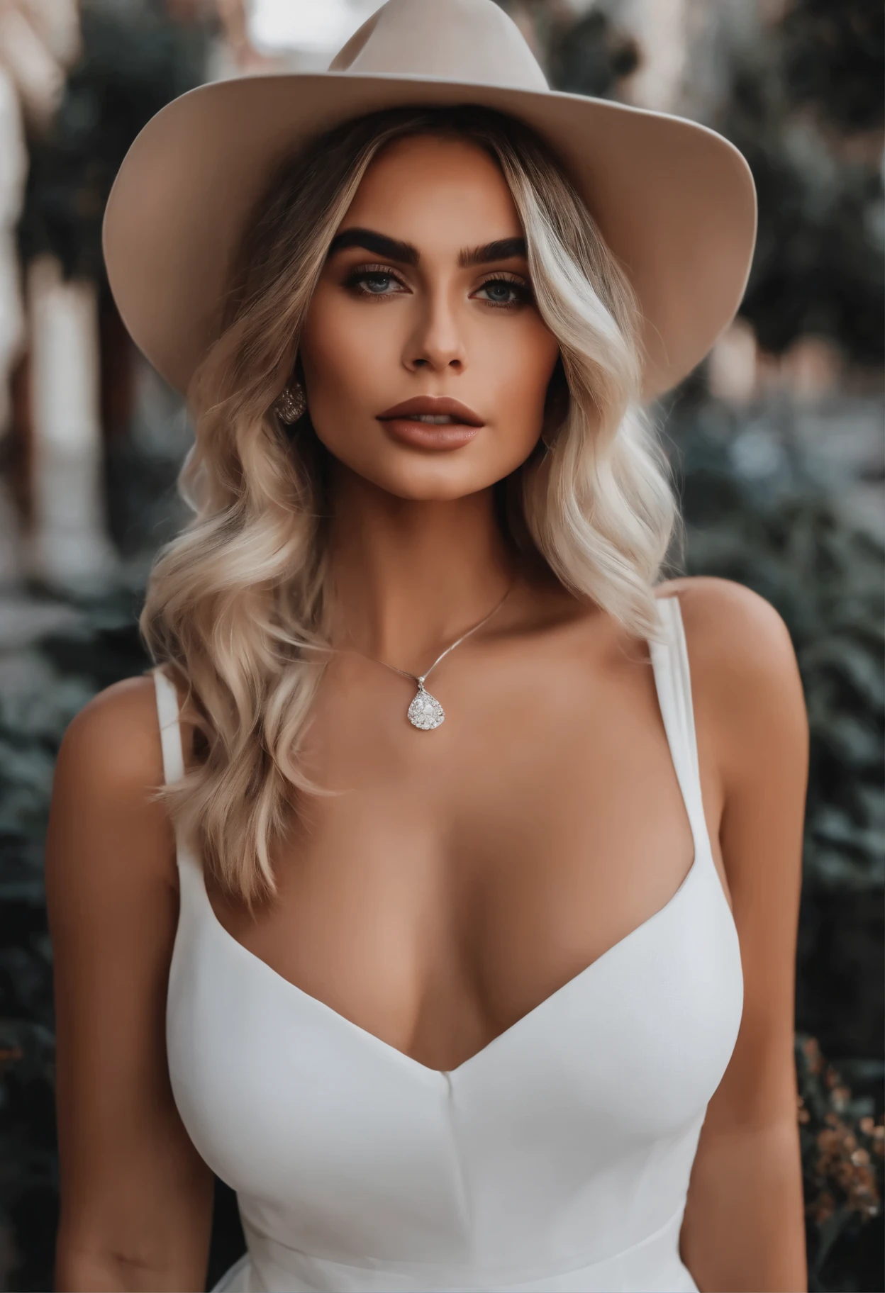 influencer femenina blanca realista de instagram, Mejor calidad, rubio, 1 chica, ojos azules, en vestido corto ajustado blanco, pechos grandes