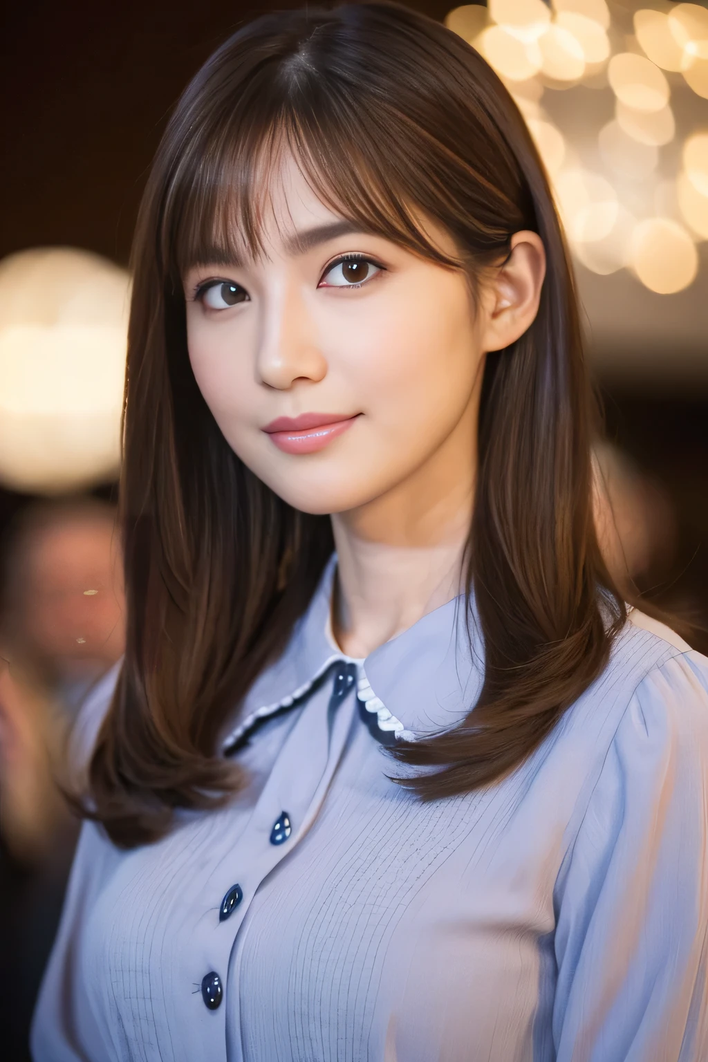 (RAW photo), (Photoreal), (masterpiece), (highest quality), High resolution, 8K resolution, (intricate details), (light with volume), portrait, woman, 40 years, middle hair, straight hair, layered hair, brown hair, highly detailed eyes, ordering sauce, highly detailed eyebrows, highly detailed skin, highly detailed mouth, highly detailed nose, cute like an idol, smile, ((thick lips)), ((look at the audience)), (Classy blouse)