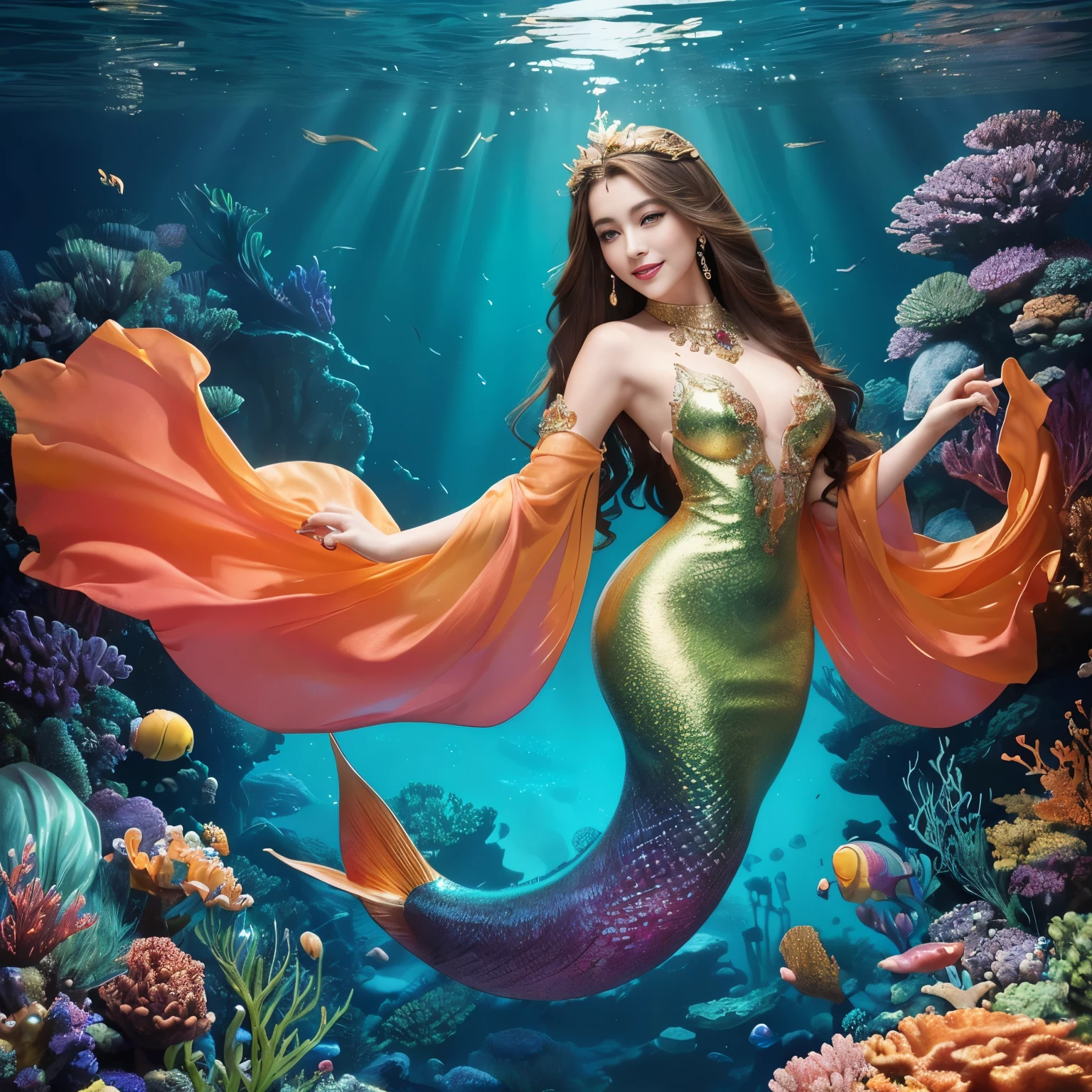 (highest quality、table top、8K、best image quality、hyper realism)、(Mermaid goddess wearing the most extravagant and extravagant finest goddess dress:1.2)、(Mermaid in the most extravagant and luxurious finest goddess dress:1.2)、(The most luxurious and finest transparent sleeve:1.1)、(A mermaid goddess swimming in the beautiful and luxurious deep sea rocks.....:1.2)、(Extremely complex and detailed ocean depictions:1.1)、(There are many beautiful small tropical fish and corals in the sea.........:1.1)、(The most luxurious and fantastical orange glowing ocean floor:1.3)、(Vibrant ocean floor shining in mysterious orange and gold:1.3)、(Detailed depiction of the beautiful ocean:1.1)、(Unimaginably beautiful and mysterious underwater depictions:1.1)、(Beautiful authentic glowing pink and red gradient scale:1.3)、(Mermaid goddess swimming in a beautiful rocky area in the deep sea Upper body photo:1.1)、(Accurate and beautiful mermaid tail:1.1)、Beautiful sea that shines intricately、Clear and detailed background,、(accurate anatomy:1.1)、(The most luxurious and finest jewelry decoration:1.1)、golden decoration、the most gorgeous goddess sleeves、the most luxurious decoration、large amount of intricate gemstones、beautiful brown hair、Highly detailed glowing pink and red gradient scale、(最も贅沢でhighest qualityの巨大ティアラ:1.1)、(;that'that'It's very vivid, Fantastic and mysterious:1.2)、(最も贅沢でhighest qualityのジャイアントネックレス)、Beautiful sparkling pink and red mermaid gradation tail、perfect makeup、(the best smile when you look at me:1.2)、(so magical, Sparkling and vivid deep sea:1.2)