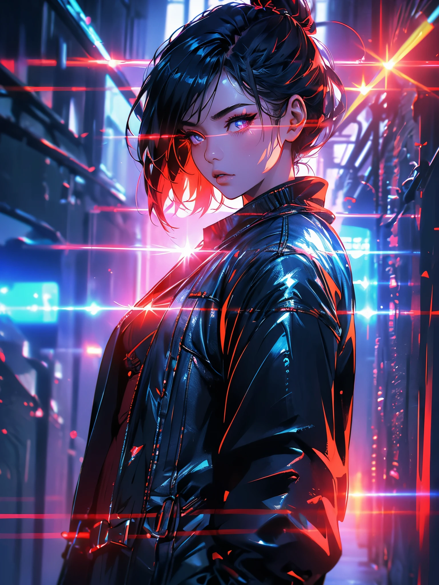 Asian woman in blue jacket against wall, close-up of face, side light, harajuko style, red blood glowing eyes, big ass, full body, in the field of concret, (A bottom-up view with a focus on character and setting), (wide view of open field), (Low-angle photo), (luz alta: 1.2), (luz baixa:1.6), (fonte de luz quente: 1.2), detalhes complexos, (cores iridescentes: 1.5), (Bright lighting), (atmospheric lighting), Sonhador, unico,