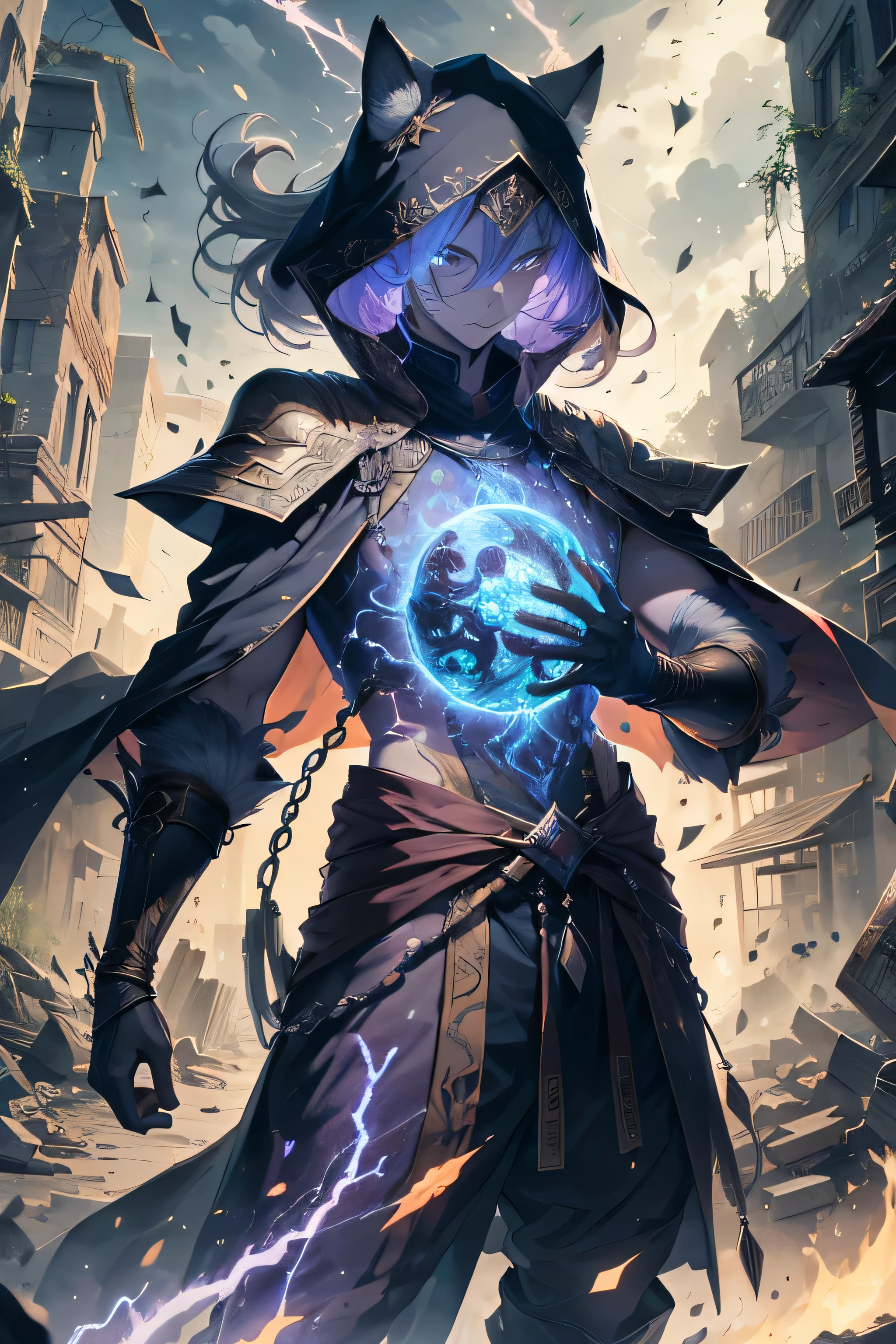 (absurdos,A high resolution,hiper detalhado),obra prima,BestbestQuality,Um homem vestido de preto empunha uma espada de duelo,Com uma grande espada,Uma espada cercada por chamas azuis,arte oficial do personagem,Cabelo Muito Curto,cabelo branco,olhos vermelhos brilhantes,olho fino,rosto detalhado,cabelo detalhado,A city in ruins,fundo escuro,full body view,sparks,HIDROMASSAGEM,corpos celestiais,de baixo,olhar para baixo, lente jeans,Chinese Taoism,Exquisite facial features,Lightning in the background,cabelo longo laranja,olhos vermelhos, wearing wolf mask.