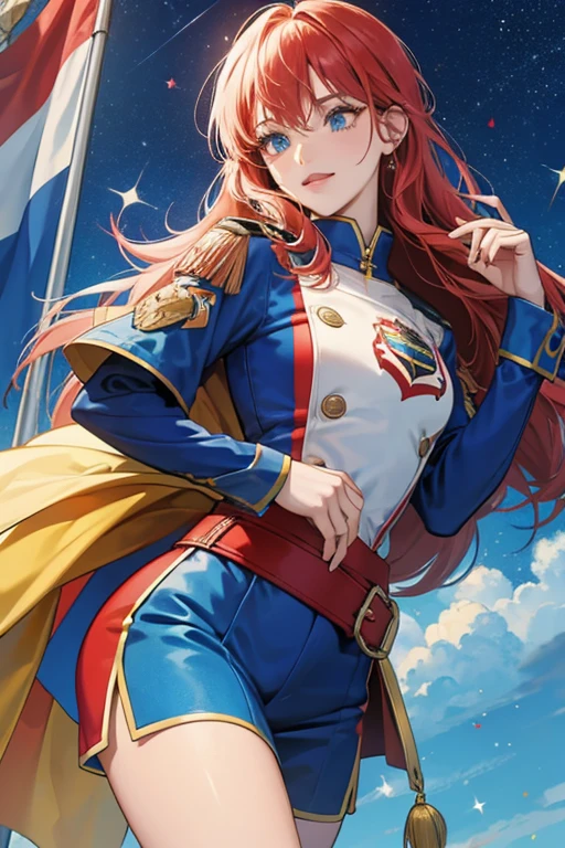 Andorra mascot using the flag color blue, yellow, and red ; glitter