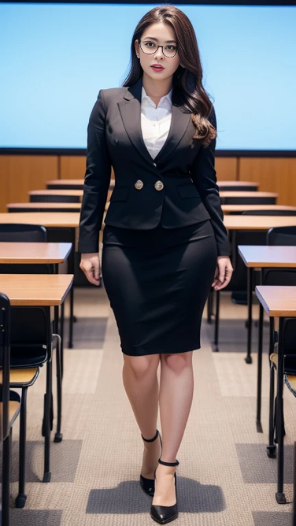 （8K，best qualtiy，tmasterpiece：1，2），（realisticlying，realisticlying：1，37），top Quority，tmasterpiece，a beautiful  woman，Sexy teacher，Sexy female teacher，Tight and sexy overalls，short  skirt，Huge chest，Attractive curves，Large buttocks，wears glasses，((angry look))，Background in business conference hall，