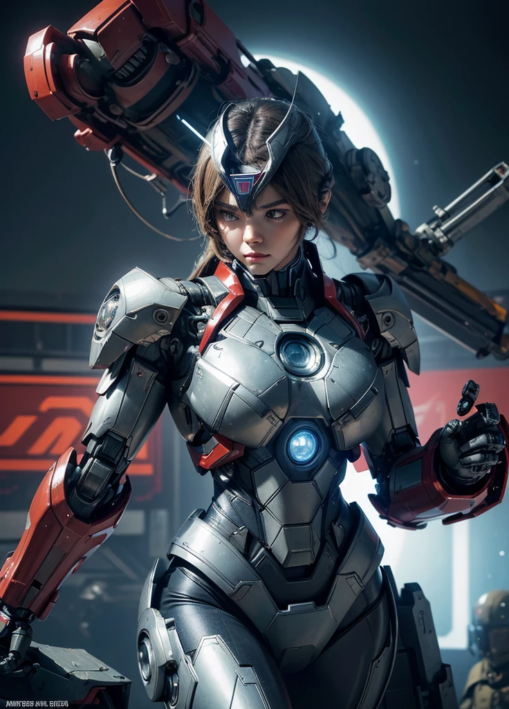 Textured skin, Super Detail, high details, High quality, Best Quality, hight resolution, 1080p, hard disk, Beautiful,(Iron Patriot),beautiful cyborg woman,Mecha Cyborg Girl,Battle Mode,Girl with a Mecha Body,She wears a futuristic Iron Patriot mech,Fulll body Shot