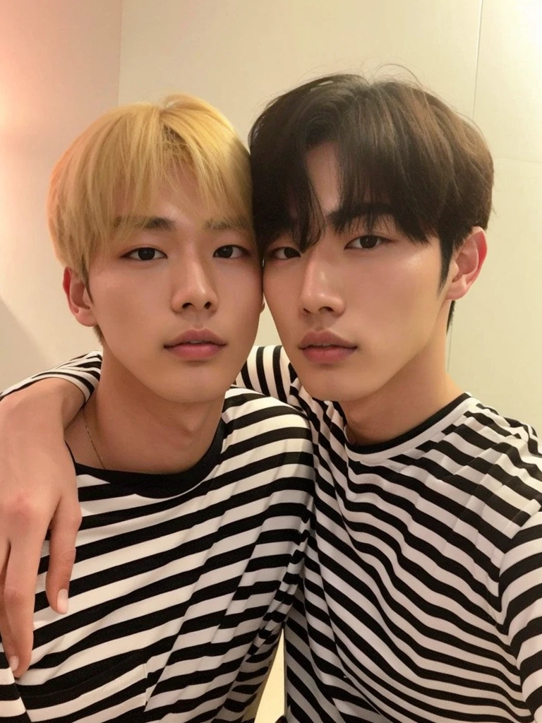 Two young people posing for a photo in a bathroom., kim doyoung, nixeu y sakimichan, sakimichan, gunwoo kim y j.dickensson, cai xukun, kda y sam que, sakimichan y frank franzzeta, 🚿🗝📝, foto de perfil, muchachos guapos, ambos tienen labios rojos, coreanos, korean boy, ambos tienen maquillaje natural, cabello negro y largo, hair long, calidad, hd, piel blanca y lisa, piel perfecta, sin bigote, cute boys, coreanos