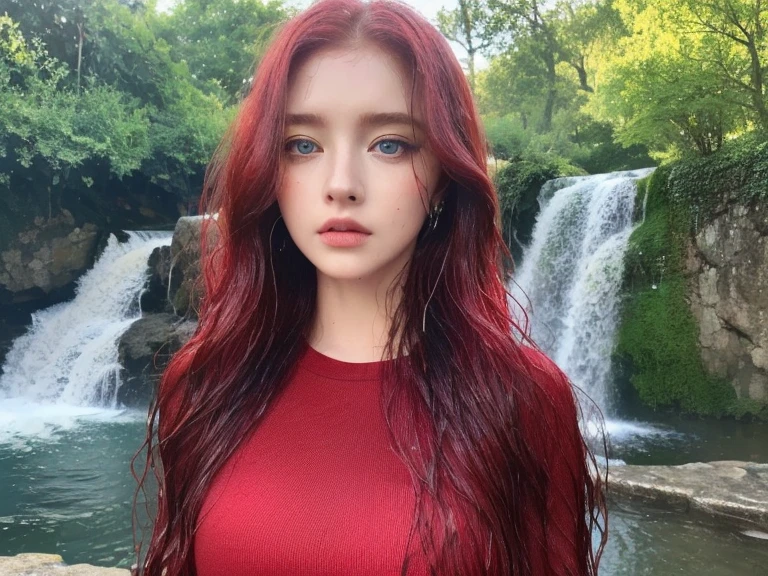 4 miniature Beautiful handsome woman, ((top quality, 8k, masterpiece:1.retty woman, 1woman, huge breasts:1.3, slender figure:1.1, elastic red long hair, (shower, wet body, wet clothes:1.1), very detailed face, detailed lips, detailed eyes, double eyelids, detailed blue eyes, extremely detailed outstanding blue eyes, red wet hair, red wet hair, detailed outstanding BLUE EYES, innocent stare at the viewer, extremely wet wavy red hair, detailed outstanding BLUE EYES, raining outside, huge earrings, Oasis, Waterfall
