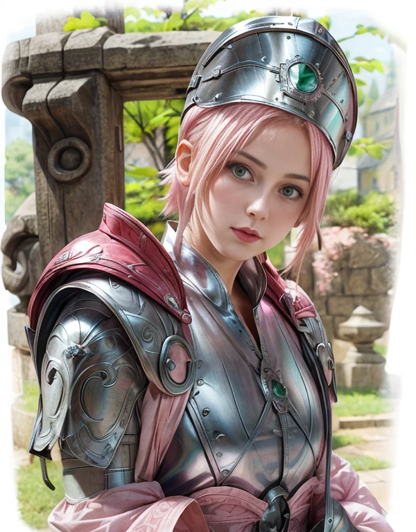 young woman, white skin, short bubblegum pink hair, medieval helmet, wide forehead, pink eyebrows, large emerald green eyes, upturned nose, full lips, heart-shaped face, medieval clothing, high detail, sharp focus, Sakura Haruno, realistic , realism, 3d
