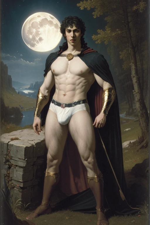 Standing pose, oil painting, ((Dark night, full moon))handsome vampire man with dark hair and white skin, wearing white briefs, abs, chest, slim waist, Daniel gerhartz style, detailed face, detailed skin, front, background gothic castle ruins, style of Daniel gerhartz, masculine appeal, pre-Raphaelite movement, neoclassical style, ((one Male,)), ((Red BRIEFs)), goth, fractal isometrics details, vanta black cape, black briefs, perfect composition, renaissance style, centered, perfect composition, canvas texture, landscape background, Masterpiece.pastoral scene. Like a Bouguereau painting. Golden sunlight suffuses the scene. ,oil painting