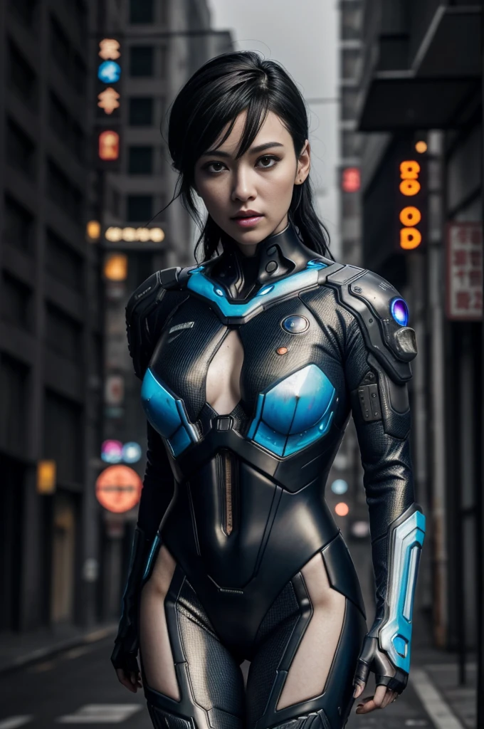 awardwinning photo, , Cyberpunk Suit, Cracked porcelain skin, A dark-haired、  vibrating, Photorealista, realist, Dramatic, murky, foco nítido, 8K、highcontrast、