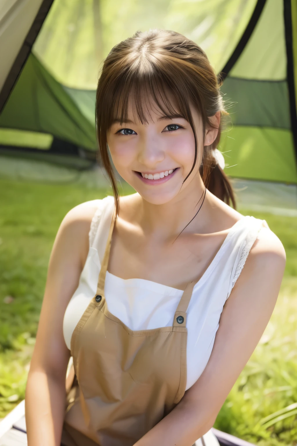 Close-up of a  woman、
big breasts、white skin、

Smiling Japan model、
young gravure idol、
young cute gravure idol、
リアルなyoung gravure idol、
realistic gravure idol、
young gravure idol、
sophisticated gravure idol、
camping club、(naked apron)、camping alone