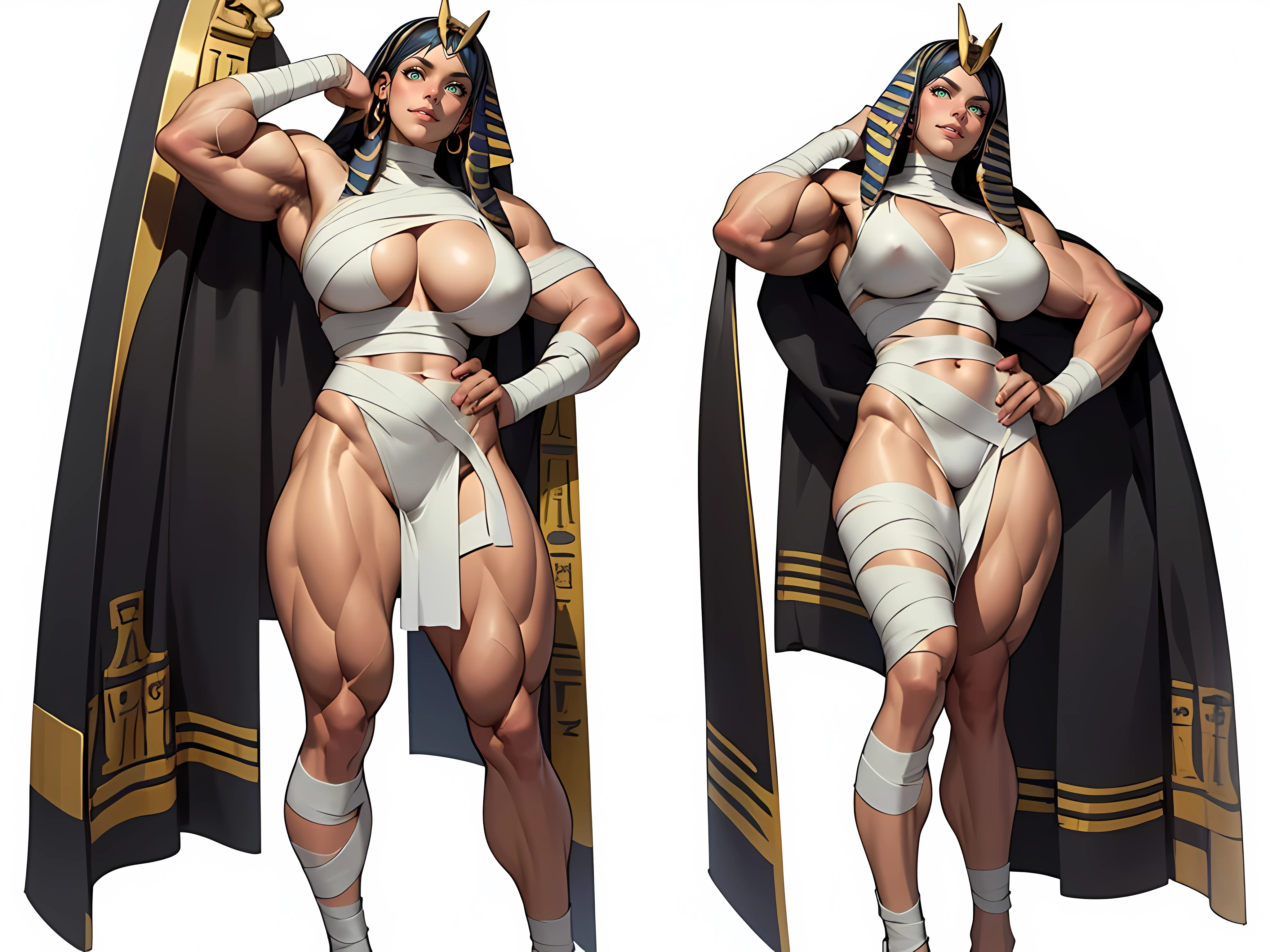 SOLO, ALONE, ((1girl)), ((masterpiece)),(((best quality))), ((full body view)) ((mummy girl)) mature face, defined cheekbones, high cheekbones, illustration, bandaged girl, ((NSFW)), (((accurate anatomy))), ((wide hips)), (((Huge breasts))), ((long legs)), (((Massive Female Bodybuilder))), ((((Muscular Legs)))), (((((Huge Muscles))))), ((bandage:1.4)), sexy bimbo, black hair, ((detailed face:1.4)) beautiful woman, (egyptian:1.4) (blue skin:1.3) , shiny skin, scribbles and marks,(puffy lips:1.4) , rough sketches, pose, 8k,16k, (simple background, white background: 1.3) beige color palette, brown legs, brown arms, brown face