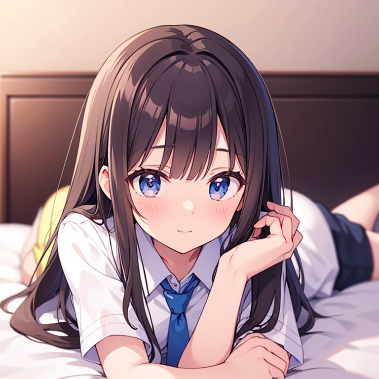 20 years old、Height 165 cm、pretty、Long brown hair、Bangs that reach the eyebrows、White shirt、Tie、black trousers、lying on bed、First-person perspective、Touch my face with your hands
