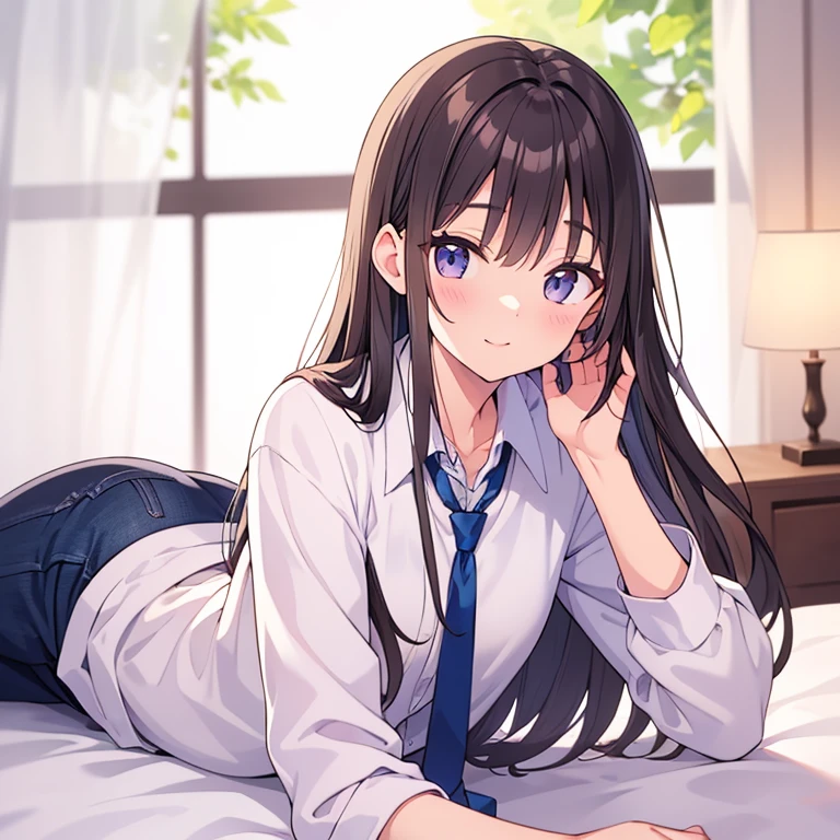 20 years old、Height 165 cm、pretty、Long brown hair、Bangs that reach the eyebrows、White shirt、Tie、black trousers、lying on bed、First-person perspective、Touch my face with your hands
