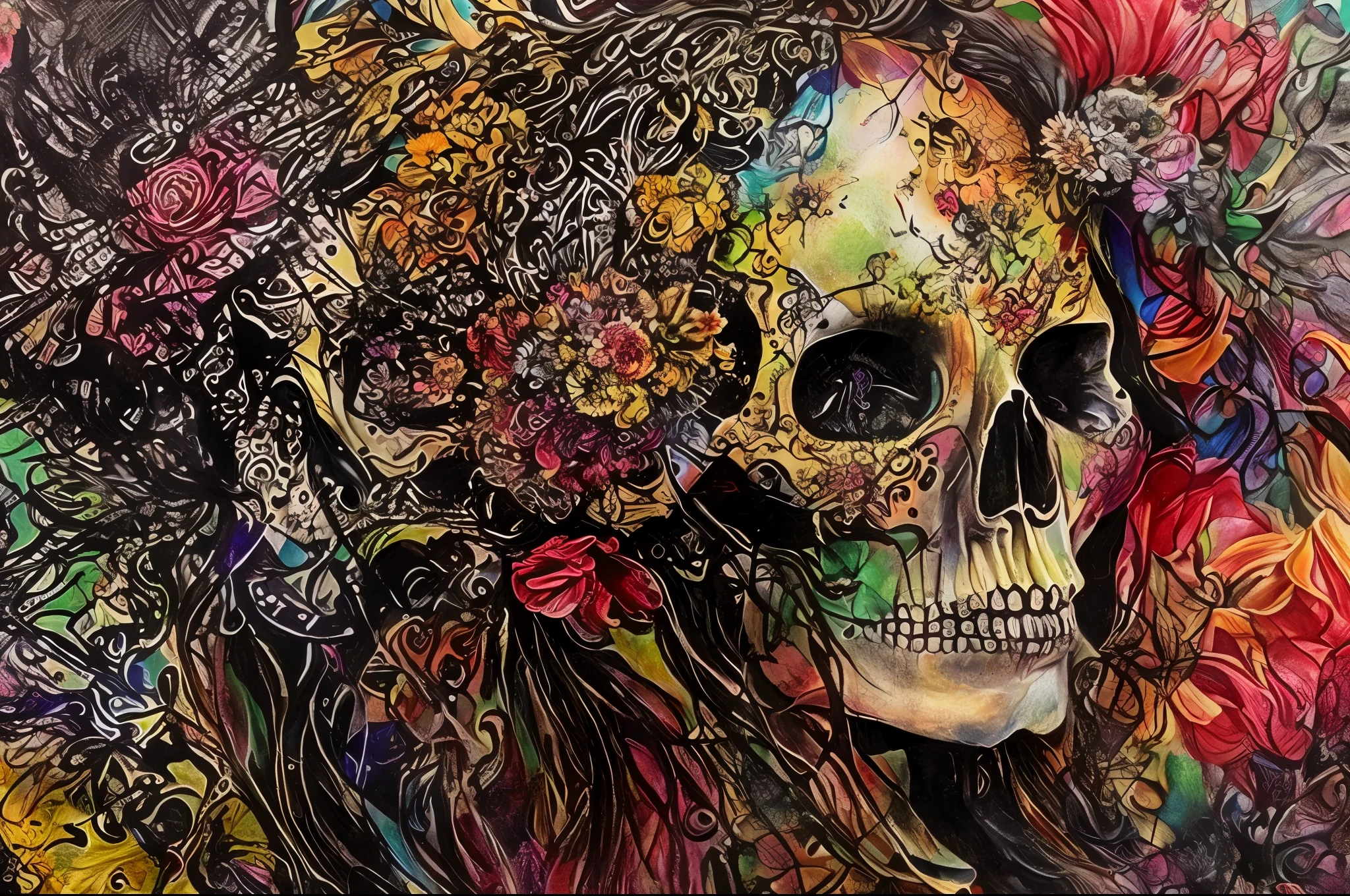 painting of a woman with a skull and flowers in her hair, highly detailed visionary art, shamanic horror lsd art, highly intricate and colorful, colourful!! highly detailed, highly intricate in technicolor, hyper detailed visionary art, intricate colorful masterpiece, psychedelic trip, very detailed and colorful, hyper - detailed visionary art, psychedelic painting, psychedelic style, psychedelic artwork