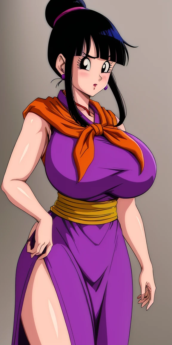 chichi_dbz, standing, solo, ((large_breasts)), Purple_Dress_Orange_Neckerchief, masterpiece, best quality, detailed face, detailed eyes, highres,