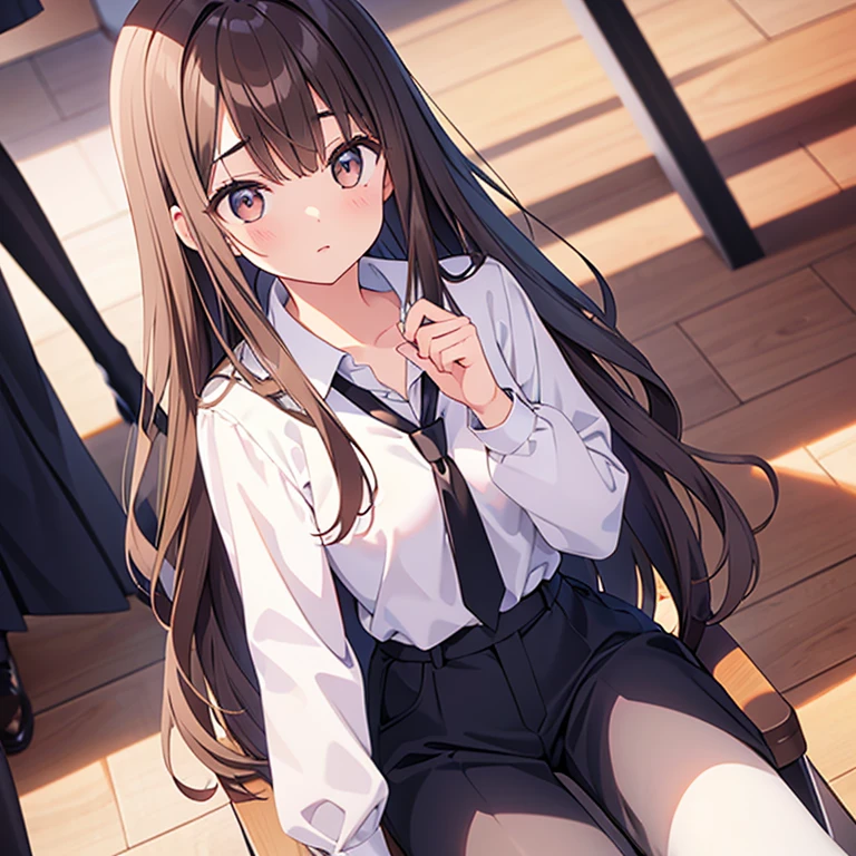 20 years old、Height 165 cm、pretty、Long brown hair、Bangs that reach the eyebrows、White shirt、Tie、black trousers、school、Sit in a chair、Face to face、First-person perspective、head on hand