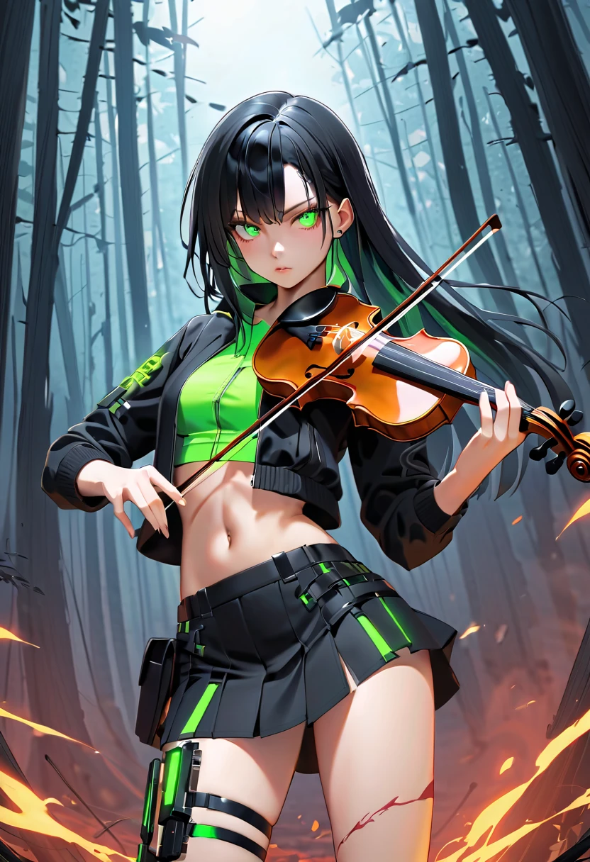 1 girl, solo, long_hair, bangs_between_the_eyes black_hair_with_strands_green, bi_color_
green_neon eyes, sexy_face, violin_in_hand, Playing_violin_with_your_hands, cyberpunk_clothes, short_jacket, navel appears, short_skirt, scarred_legs, left_arm_band, tattoo_above_navel_background_of_abandoned_FOREST_EM_FLAMES_BLACKS, manga_style_image .
