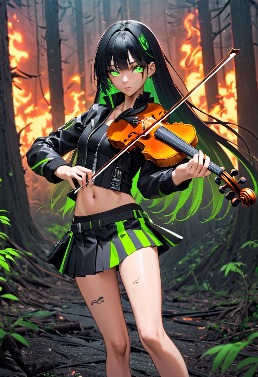 1 girl, solo, long_hair, bangs_between_the_eyes black_hair_with_strands_green, bi_color_
green_neon eyes, sexy_face, violin_in_hand, Playing_violin_with_your_hands, cyberpunk_clothes, short_jacket, navel appears, short_skirt, scarred_legs, left_arm_band, tattoo_above_navel_background_of_abandoned_FOREST_EM_FLAMES_BLACKS, manga_style_image .