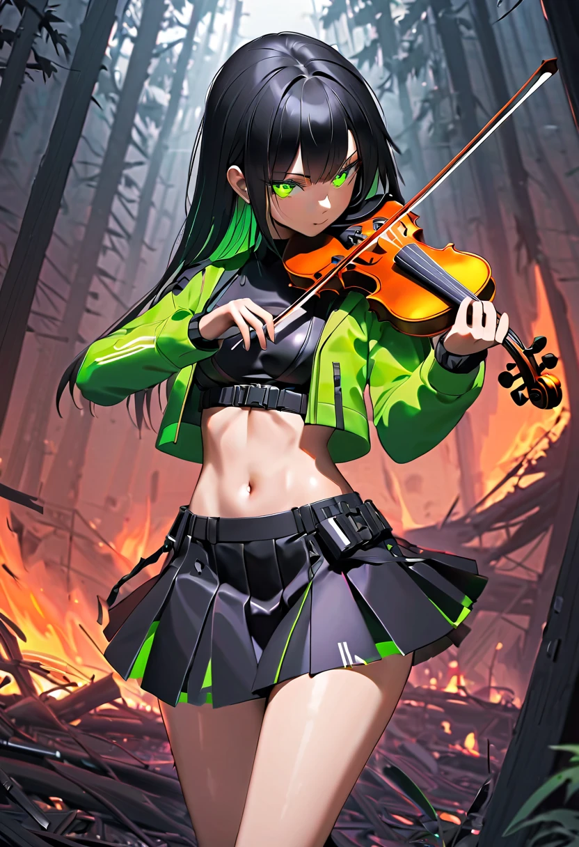 1 girl, solo, long_hair, bangs_between_the_eyes black_hair_with_strands_green, bi_color_
green_neon eyes, sexy_face, violin_in_hand, Playing_violin_with_your_hands, cyberpunk_clothes, short_jacket, navel appears, short_skirt, scarred_legs, left_arm_band, tattoo_above_navel_background_of_abandoned_FOREST_EM_FLAMES_BLACKS, manga_style_image .