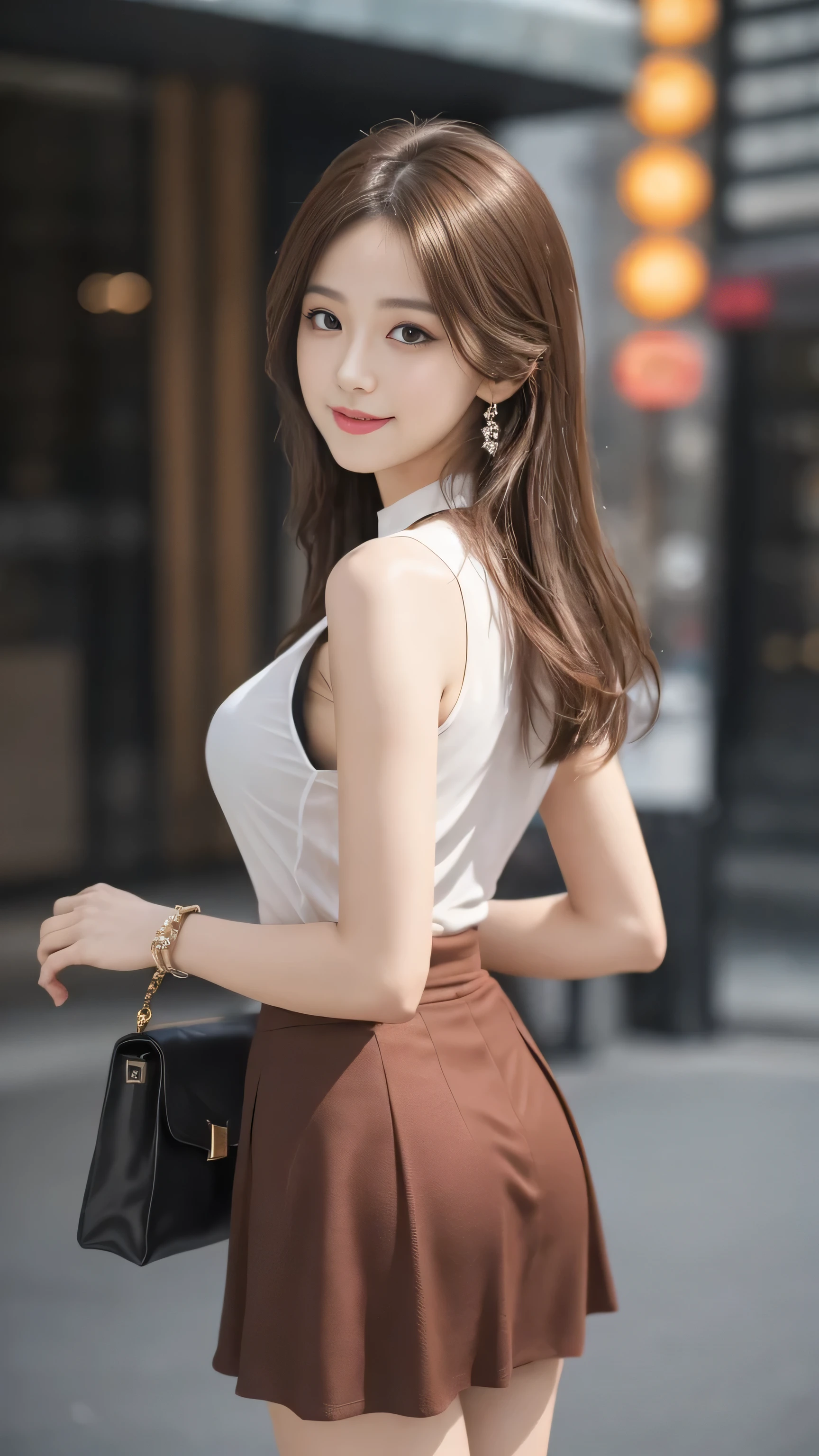 8k, masterpiece, RAW photo, best quality, photorealistic, extremely detailed CG unity 8k wallpaper, Depth of field, Cinematic Light, Lens Flare, Ray tracing, (extremely beautiful face, beautiful lips, beautiful eyes), intricate detail face, ((ultra detailed skin)) 1girl, in the dark, deep shadow, pretty korean girl, kpop idol, 1 girl, (very slim slender fit-muscled body:1.3), ((looking at viewer)),(big smile:1.3), (tight laced blouse), (pink color blouse), (sleeveless) , (fashion city night, dark night, (neon sign), (blurred background), fashion street night),(without people in the background:1.3), beautiful earrings, bracelets, necklace, pantyhose, clear eyes, walking, (pale skin), (big eyes), face forward, ((upper body shot)), ((skirt:1.3)),(brown hairs),((tight fitting laced skirt)), (see through), (looking at viewer:1.3) open breast, very slim, thick thighs, big breasts, hermes bag , turning back, back shot,Cleavage