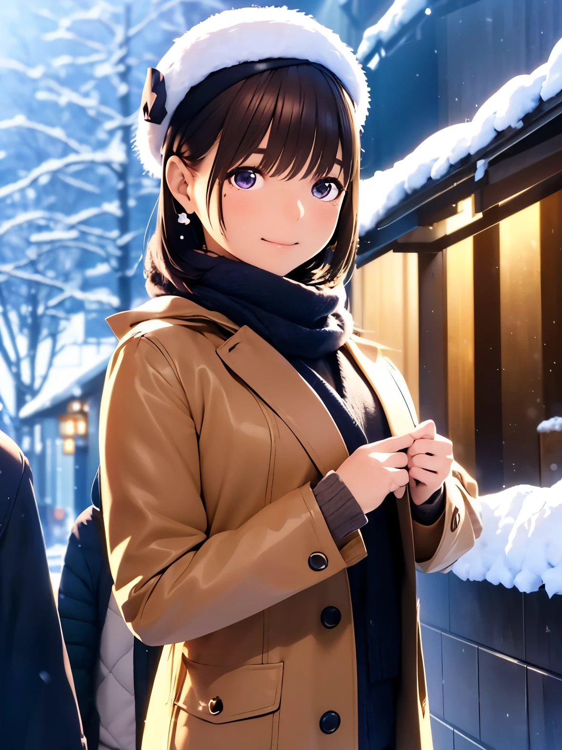 High resolution,8K,best quality,detailed,semi-realistic anime,Anime 3D Style,Smooth Anime CG,1peopleの女の子,20 year old Japanese woman,slim,model,shiny chestnut hair,medium hair,detailedに書かれた顔,綺麗でdetailedな瞳,glowing skin,(cook coat,Layering,winterの服,hat),beautiful earrings,((winter,cold morning in january,snowfall,It's snowing)),(street:0.8), (people, large crowd:1),hard focus particles,soft lighting,look at the audience,A sloppy smile