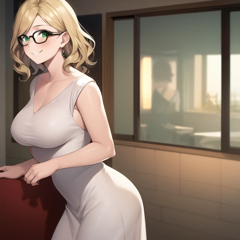 masterpiece, best quality, 1girl, solo, mature female, large breasts, plump, wavy hair, very short hair, blonde hair, green eyes, round glasses, white dress, white dress, tube dress, blush, smirk, looking at viewer