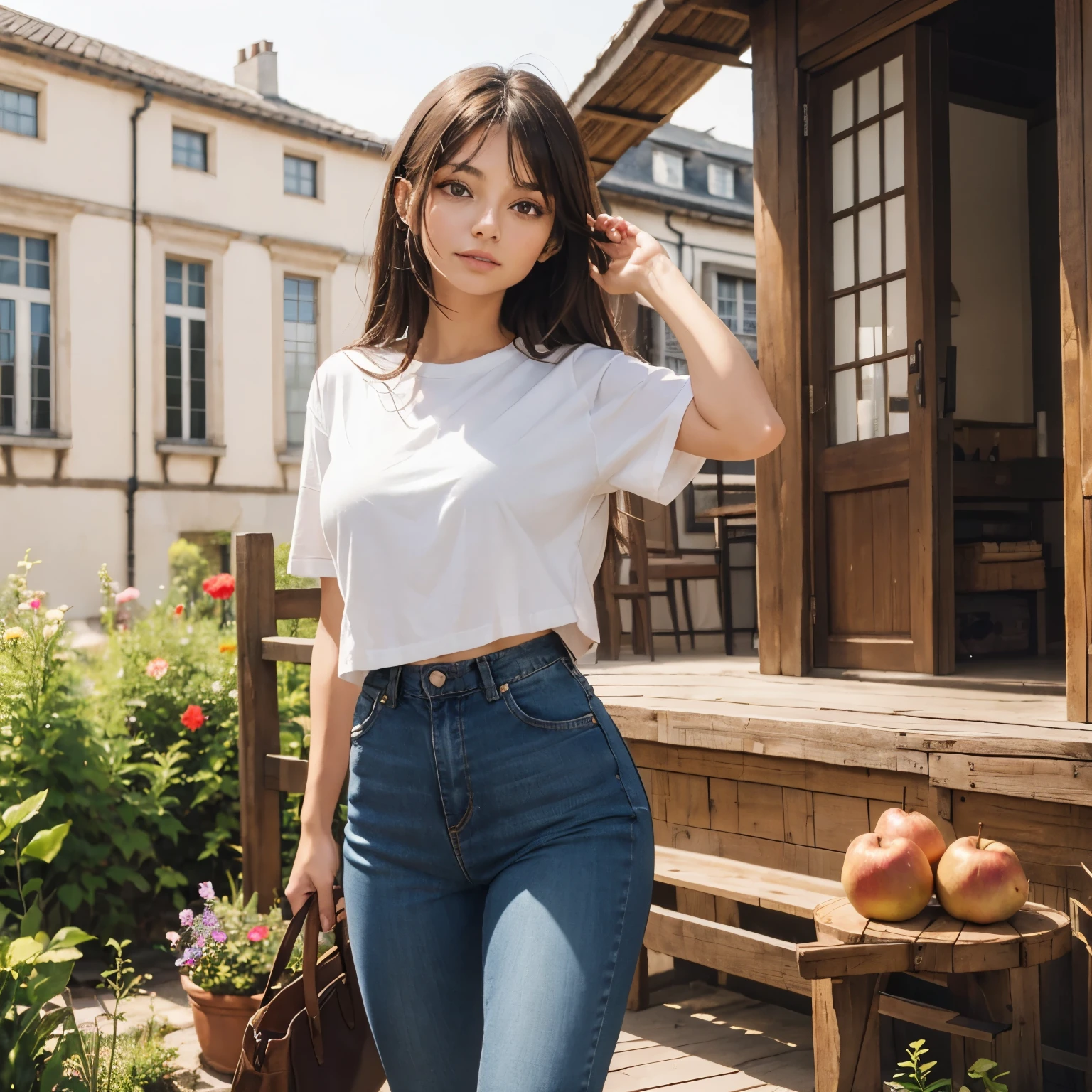 femme brune, latina, lèvre pulpeuse, nez épaté, grand yeux marron, longs cheveux bouclés, pantalon jean, poitrine 90C, t-shirt blanc, pommette saillante, debout, peau dorée 